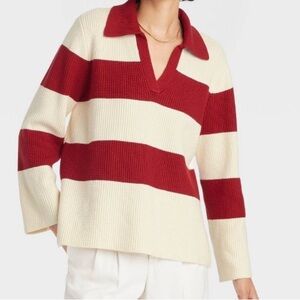 Red and Cream Striped Women's Sweater